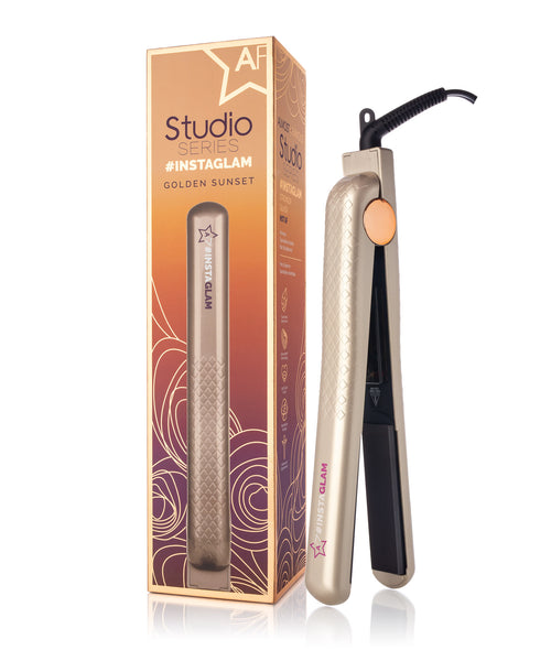 Instaglam Studio Series 1.25" hair straightener Gold color standing upright with box