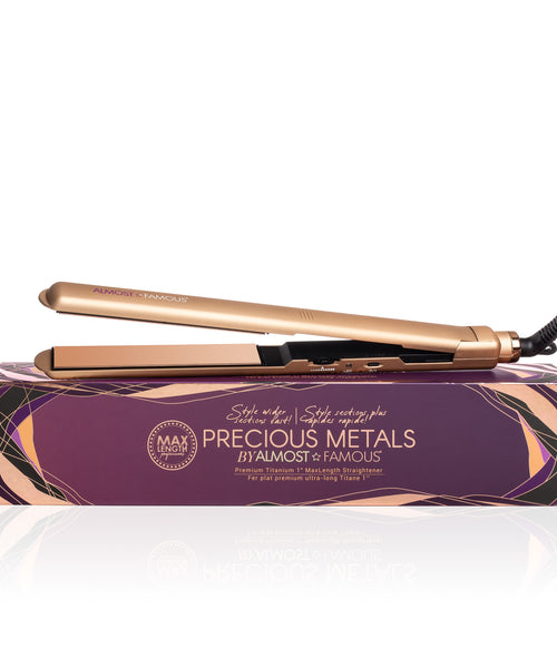Almost Famous 1" MaxLength Flat Iron with Rose Gold Titanium Plates Side view of Scarlet color with box
