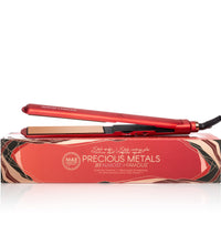 Almost Famous 1" MaxLength Flat Iron with Rose Gold Titanium Plates Side view of Scarlet color with box