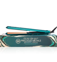 Almost Famous 1" MaxLength Flat Iron with Rose Gold Titanium Plates Side view of Deep Emerald color with box