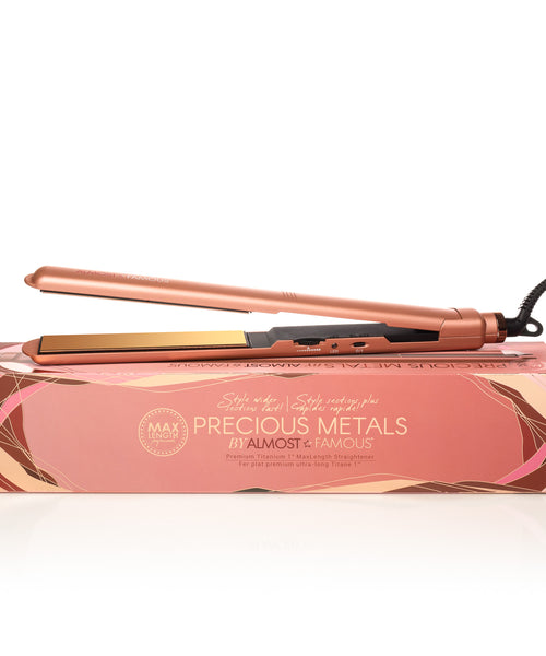 Almost Famous 1" MaxLength Flat Iron with Rose Gold Titanium Plates Side view of pink martini color with box