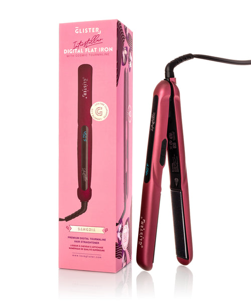 Colorful packaging of the Glister Interstellar Digital Flat Iron with Cosmic Tourmaline
