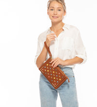 Studded Crossbody Brown Clutch with model.