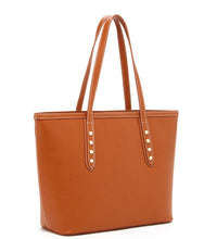 Brown Saffiano leather Tote accented with metallic studs. Quartered View.