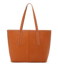 Brown Saffiano leather Tote accented with metallic studs.