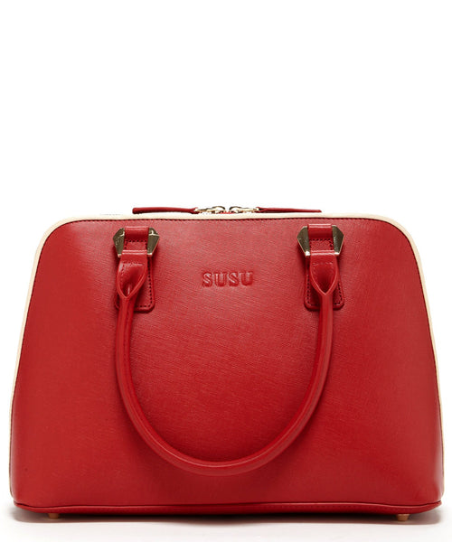 Beautiful Sophisticated Lady carrying the Elegant Red Saffiano Leather Bag