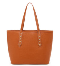 Brown Saffiano leather Tote accented with metallic studs.