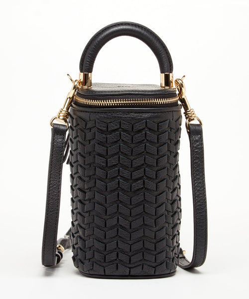 Elsa Small Leather Weave Bucket Bag Black