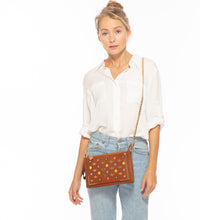 Studded Crossbody Brown Clutch with model.