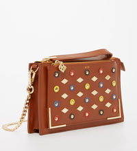 Studded Crossbody Brown Clutch. quartered view