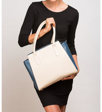Luxurious Genuine Leather Off White Tote Bag With Model.