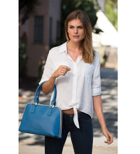 Elegant view of a Lady carrying Blue Saffiano Leather Satchel Bag