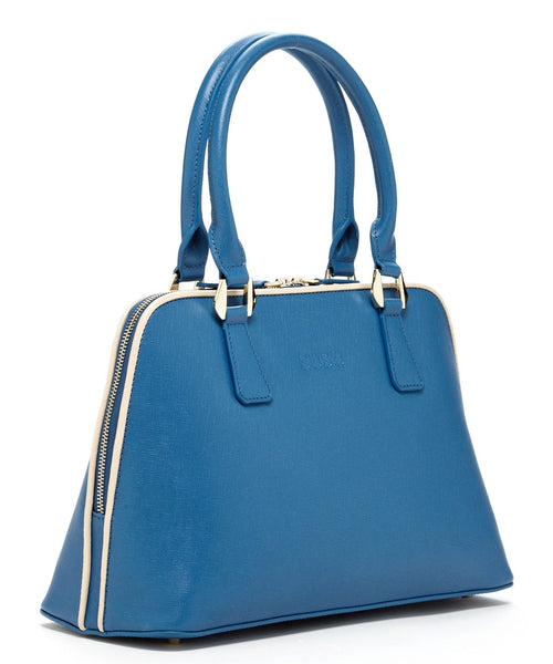 Sophisticated over the shoulder carry view of the Elegant Blue Saffiano Leather Satchel Bag