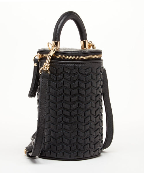 Elsa Small Leather Weave Bucket Bag Black