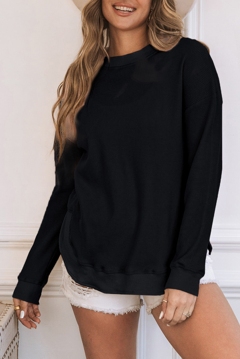 Isabelle Crew Neck Ribbed Trim Waffle Knit Top