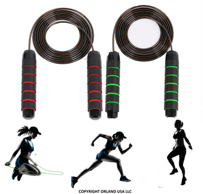 Adjustable foam grip jump ropes with a lady illustrating 