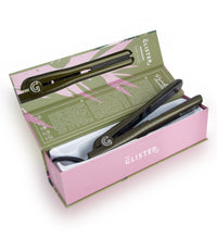 Open packaging view of Glister flat iron with Tourmaline Gemstone Infusion displayed in the box