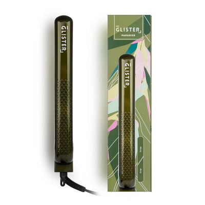 Green 1.25 inch flat Iron with Tourmaline Gemstone Infusion.  Elegant packaging