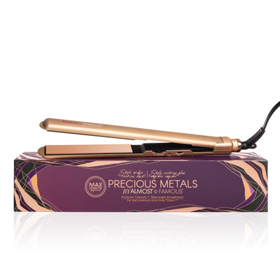 Almost Famous 1" MaxLength Flat Iron with Rose Gold Titanium Plates Side view of chanpagne color with box