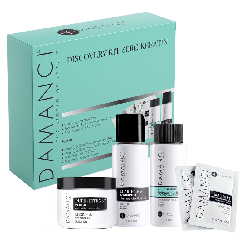 Our Discovery Kit, ZerØ Keratin Formaldehyde-Free contains a powerful blend of coconut oil, Brazilian nut oil, and Murumuru seed butter to give you healthy, smooth hair. Its rich formula repairs and restores hair, providing anti-frizz and formaldehyde-free results. The kit includes clarifying shampoo, keratin treatment, intense pure mask, and 3 sachets of smoothing shampoo, conditioner, and argan creams for aftercare. Enjoy noticeably healthier hair with our Discovery Kit.