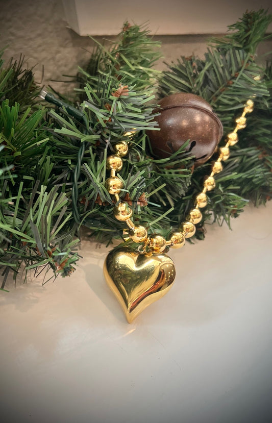 Gold Puffy Heart Pendant Necklace Gold Plated Water Resistant/Waterproof 16" Plus 3" Extension