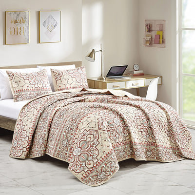 Massarra 3 piece bedspread set, Boho modern tan with reds, black and white designs.
