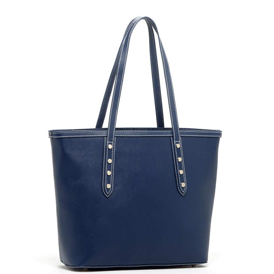 Blue Saffiano leather Tote accented with metallic studs.