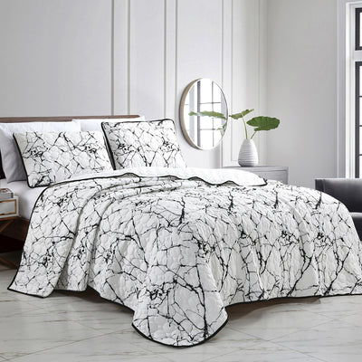 Corliss 3PC Bedspread Set, Black and White Marble Design