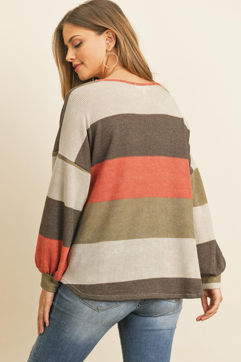 Rib Multicolor Stripes V-Neck Puff Sleeves Top. Back View
