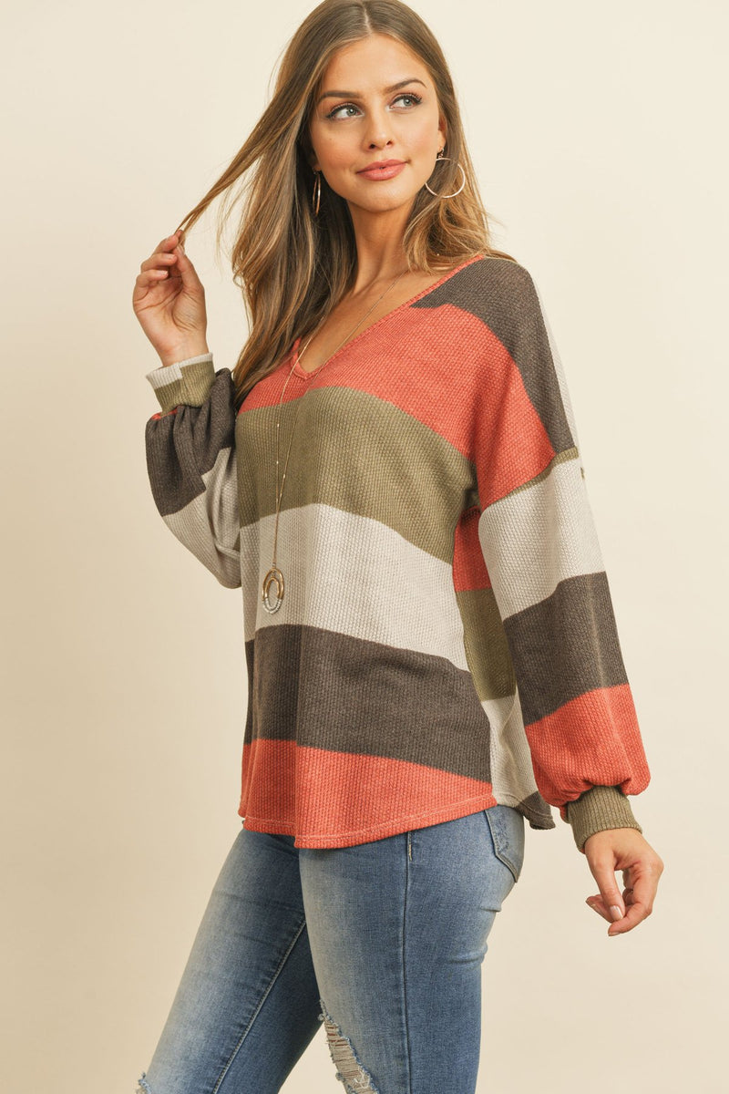 Rib Multicolor Stripes V-Neck Puff Sleeves Top. Side View