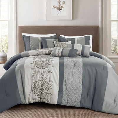 Kuron 7PC Comforter Set, Grey tones with sophisticated paisley accents