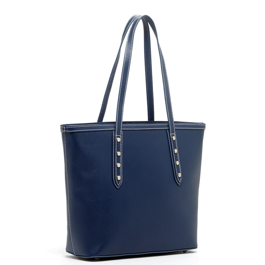 Blue Saffiano leather Tote accented with metallic studs.