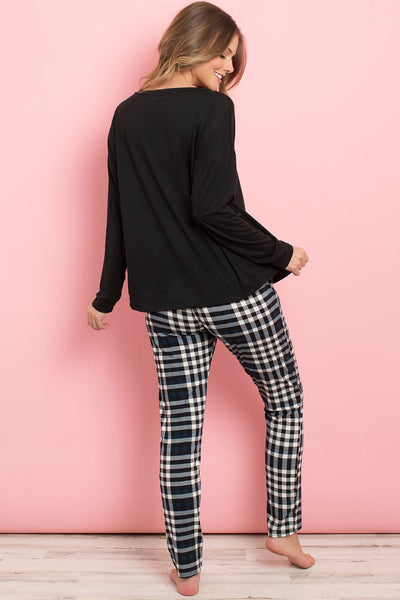 Solid Top Plaid Pocket and Joggers Set With Self Tie. Back View