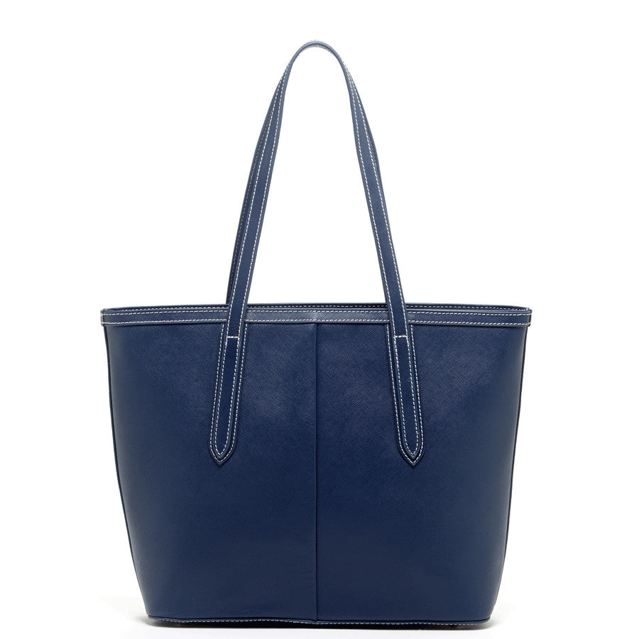 Blue Saffiano leather Tote accented with metallic studs.