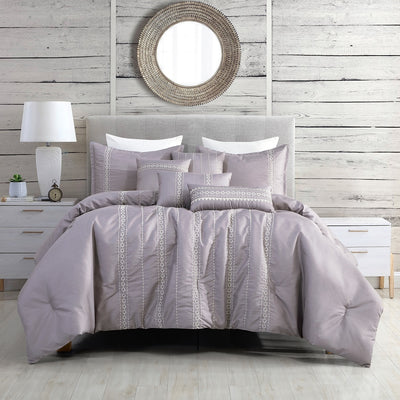 LAGUNA 7PC Comforter Set, Elegant Lavender with White embroidery