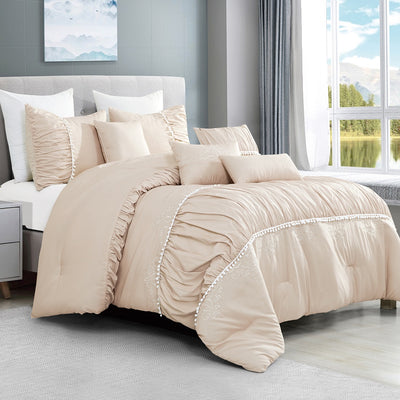 HYPATIA 7PC Comforter Set, Pink with elegant white accents